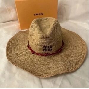 Miu Miu Beige Straw Hat with Burgundy Band